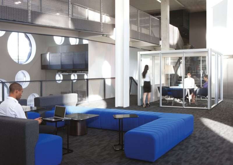 blue seating and phone booth