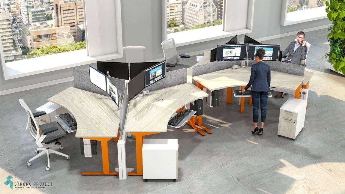 Workers at orange privacy cubicle
