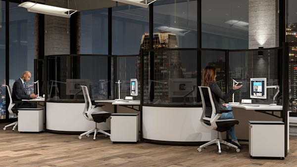 post-COVID office furniture with dark acrylic screen
