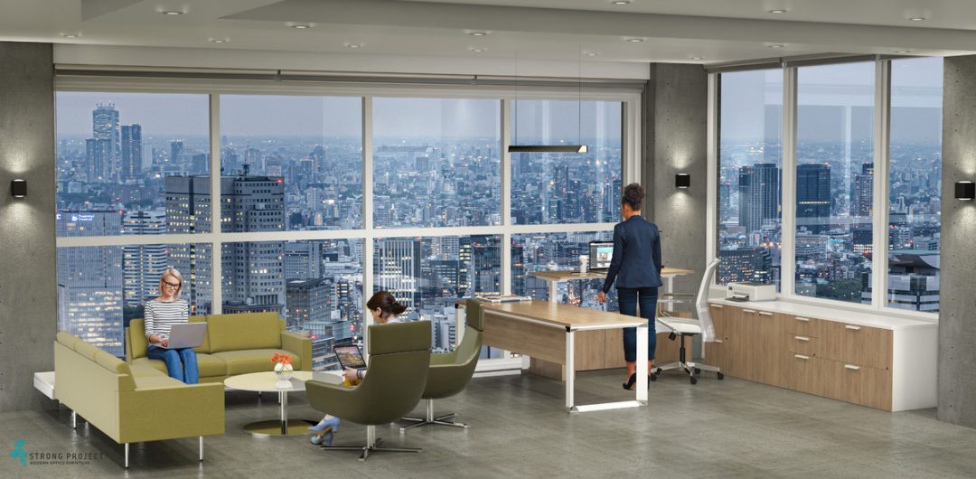 modern office with adjustable height desks