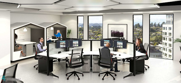 flexible modular office furniture with ergonomic task chairs and employee booths for collaboration and focused work