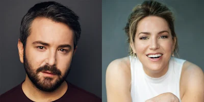 A bearded man with short dark hair and a woman with light hair in a white sleeveless top are shown in side-by-side portrait photographs.