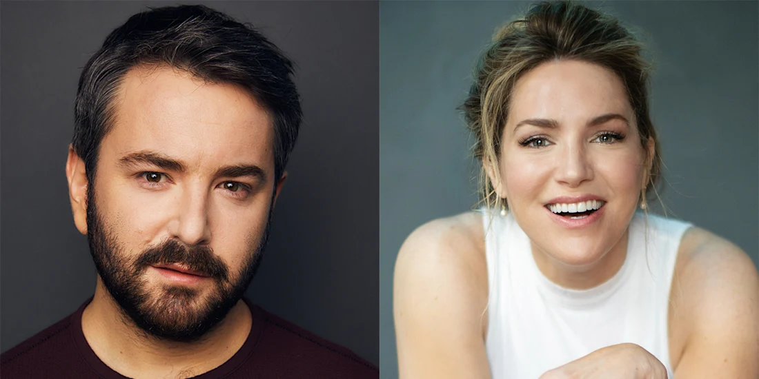 A bearded man with short dark hair and a woman with light hair in a white sleeveless top are shown in side-by-side portrait photographs.