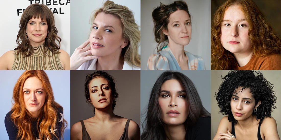A collage of eight women, each facing the camera in individual portrait photos, with varied facial expressions and backgrounds.
