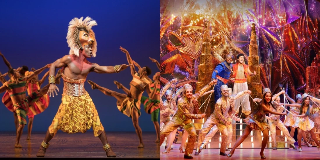 Bradley Gibson in 'The Lion King' (Left) and Michael James Scott and Ainsley Melham in 'Aladdin' (Right) (Photos by Dean van Meer)