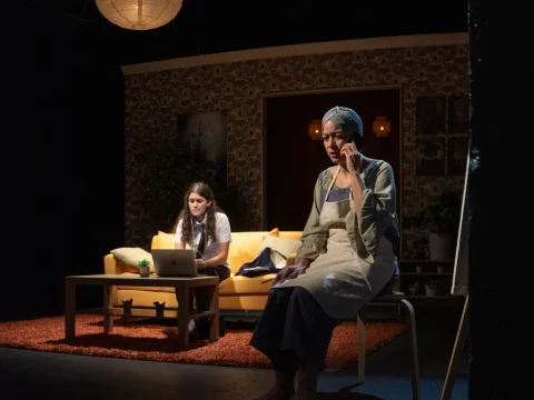 Two women in a dimly lit room. One sits on a yellow sofa with a laptop; the other sits on a chair, wearing an apron and headscarf. A small table and plants are visible.