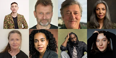 A grid of eight diverse adults, each posing for individual portraits against various plain or neutral backgrounds.