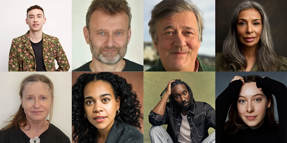 A grid of eight diverse adults, each posing for individual portraits against various plain or neutral backgrounds.