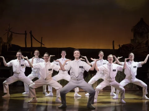 Production shot of Book of Mormon in New York, showing cast dancing.