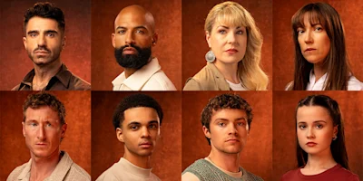 Eight people are shown in individual headshots arranged in two rows against a reddish-brown background, each facing the camera with neutral expressions.