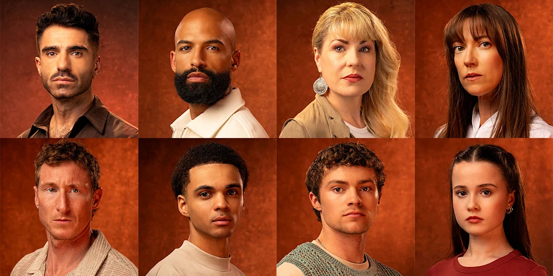 Eight people are shown in individual headshots arranged in two rows against a reddish-brown background, each facing the camera with neutral expressions.