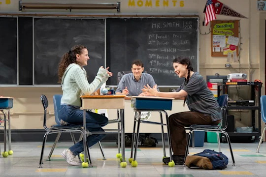 Production shot of John Proctor Is the Villain in New York, with Fina Strazza, Gabriel Ebert and Chiara Aurelia.