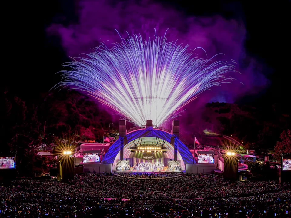 A large crowd watches a night concert at an outdoor amphitheater as purple and white fireworks burst above the stage.