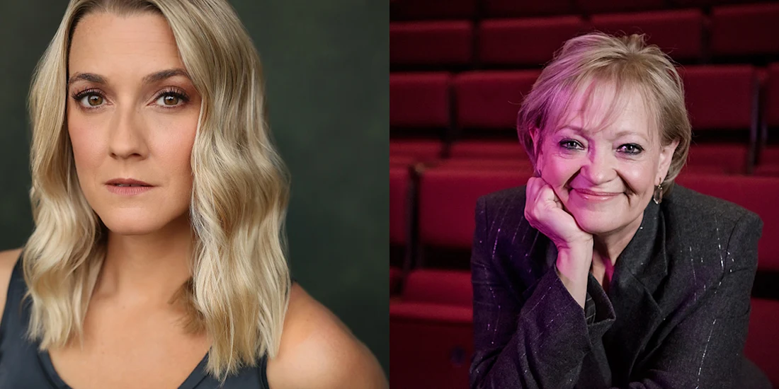 Two women are shown side by side; the left is a blonde woman with wavy hair looking at the camera, and the right is a woman with short hair smiling and resting her chin on her hand.