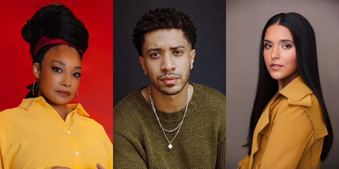 Three people pose for portraits side by side against different colored backgrounds, each wearing neutral-toned clothing and looking directly at the camera.