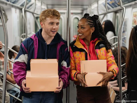 Two people hold pink pastry boxes while standing next to each other on a subway train, surrounded by seated passengers.