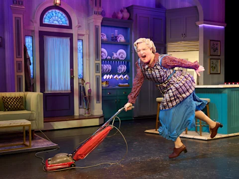 Production shot of Mrs. Doubtfire in London, with Gabriel Vick as Mrs. Doubtfire.