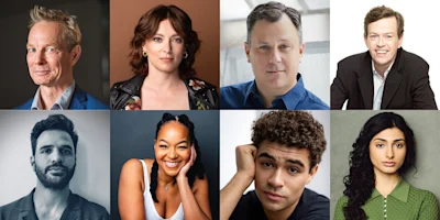 A grid of eight people, four men and four women, shown from the shoulders up, each facing the camera against neutral or simple backgrounds.
