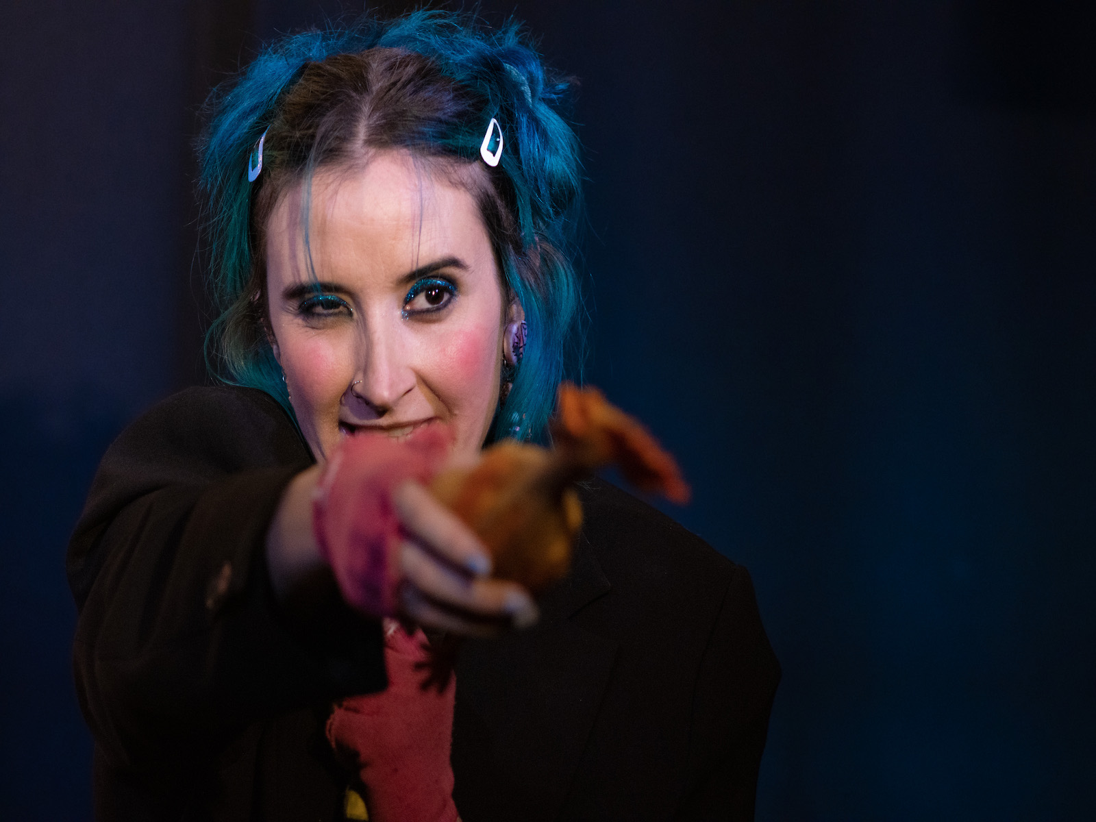 Production shot of Furious in New York, with Emily Fury Daly.