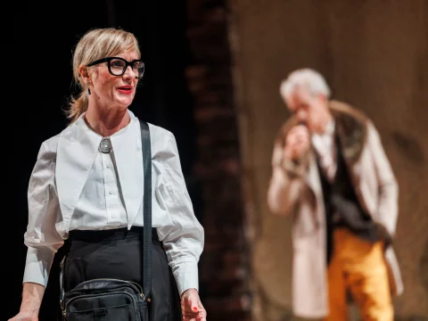 Production shot of Nachtland in London, featuring Jane Horrocks as Evamaria