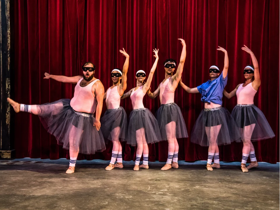 A group of people wearing gray tutus, pink leotards, knee-high socks, and black masks pose in front of a red curtain. One person wears sunglasses and a blue shirt.