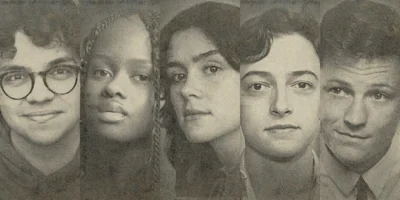 A grayscale photo shows five young people, each facing forward with neutral expressions, arranged side by side in a montage style.