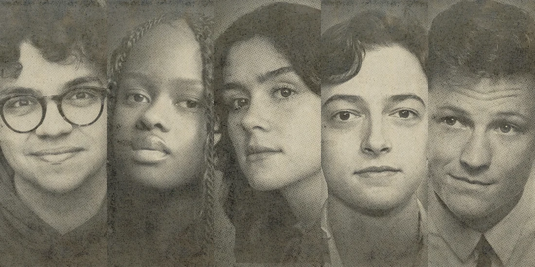 A grayscale photo shows five young people, each facing forward with neutral expressions, arranged side by side in a montage style.