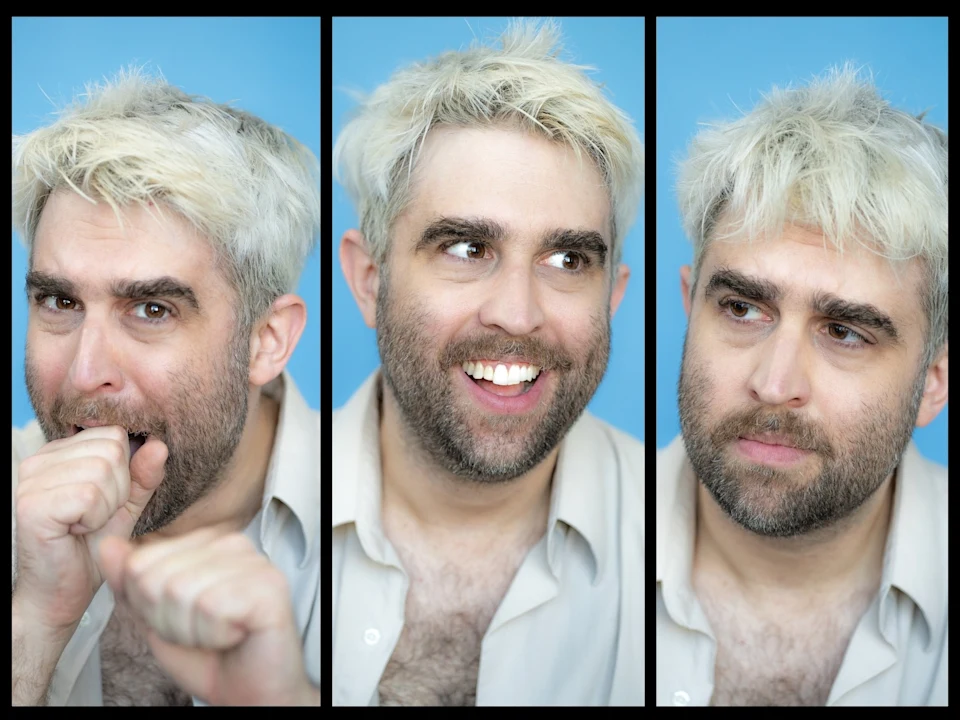 Photo of Mark Blane in Jason, Medea and the Tragedy at the PS19 Talent Show showing three panels against a blue background, displaying playful, smiling, and thoughtful expressions.