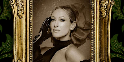 A black-and-white portrait of a woman in formal attire and gloves, framed by an ornate gold picture frame.
