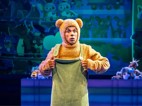 Production photo of Corduroy in Chicago with Jean Claudio as the teddy bear Corduroy.