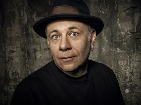 A middle-aged man wearing a black shirt and dark hat looks at the camera against a textured, grayish background.