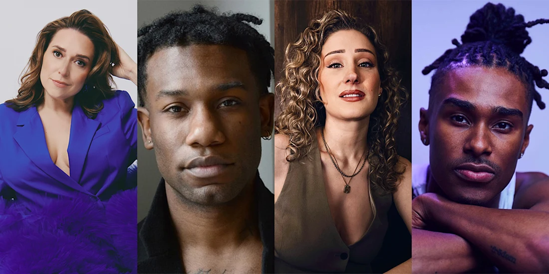 Four people are shown in separate portrait shots, each facing the camera with neutral or slight expressions against different backgrounds.