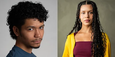 Side-by-side portraits of a man with short curly hair and a woman with long curly hair wearing a yellow cardigan over a maroon top, both looking at the camera.