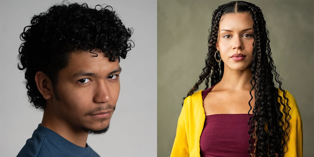 Side-by-side portraits of a man with short curly hair and a woman with long curly hair wearing a yellow cardigan over a maroon top, both looking at the camera.