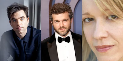 Three people are shown in separate close-up portraits: a man with dark hair, a man with curly hair and beard in a tuxedo, and a woman with blond hair and light makeup.