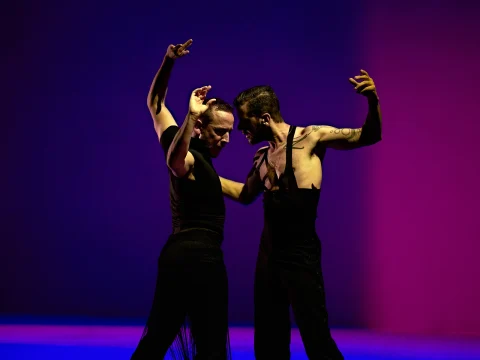 Two dancers perform under dramatic lighting, one with arms raised and the other leaning in with a focused expression. Both are dressed in black outfits.