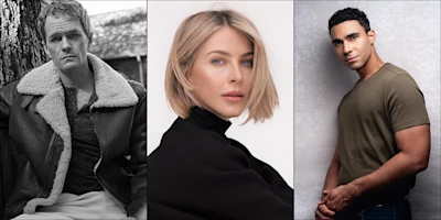 A triptych of three people: a man in a shearling jacket, a woman with a blonde bob in black, and a man in a green shirt standing against a neutral background.