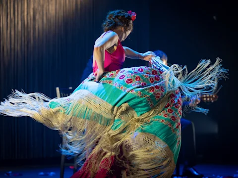 A flamenco dancer in a red dress performs energetically, swirling a colorful fringed shawl, with musicians seated in the background on a dimly lit stage.