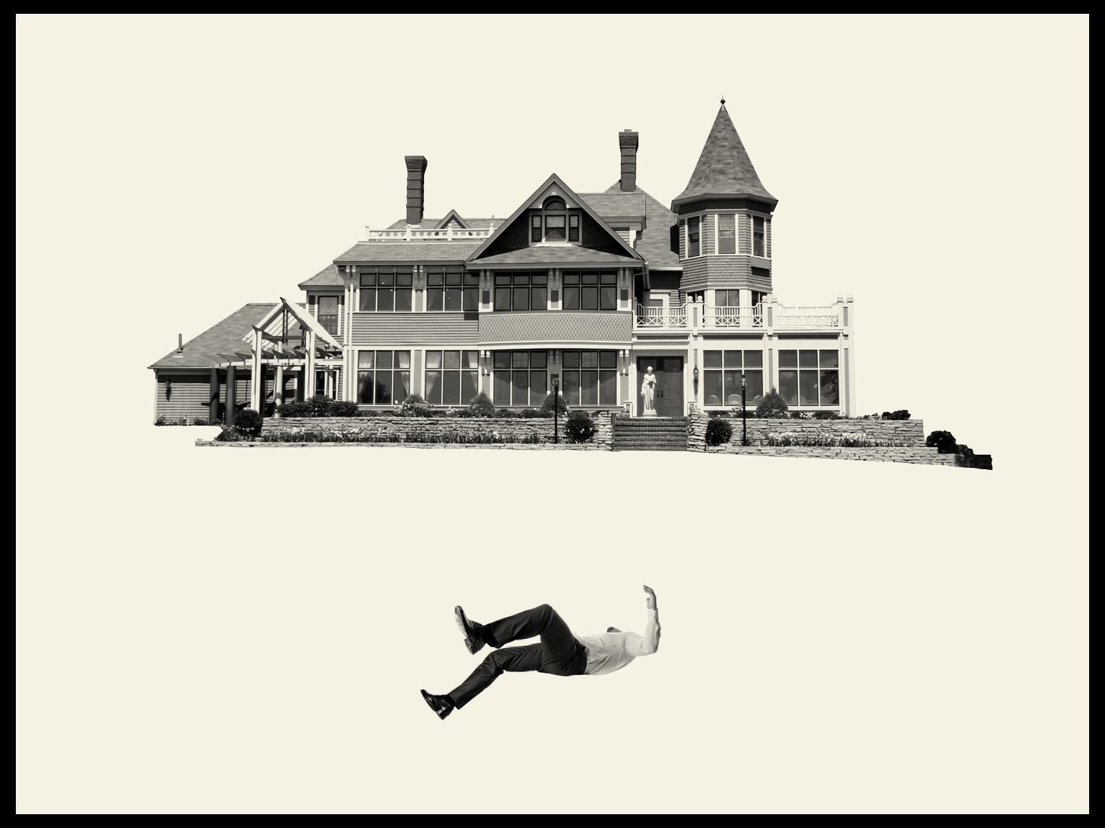 A black and white illustration showing a large Victorian house with a person appearing to fall through the white space beneath it.