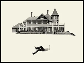 A black and white illustration showing a large Victorian house with a person appearing to fall through the white space beneath it.