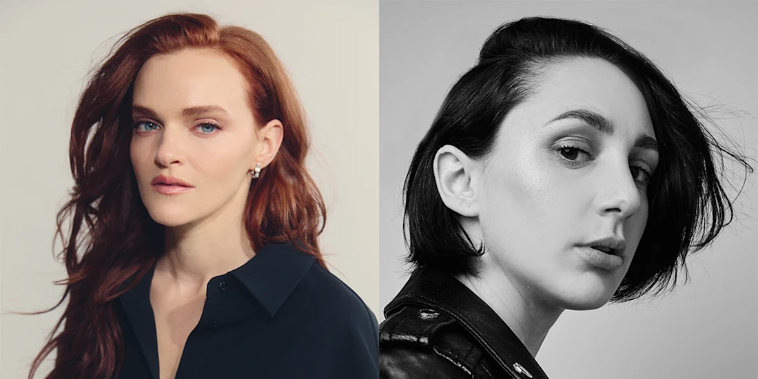 Side-by-side portraits of two women; one with long red hair in color, the other with short dark hair in black and white.