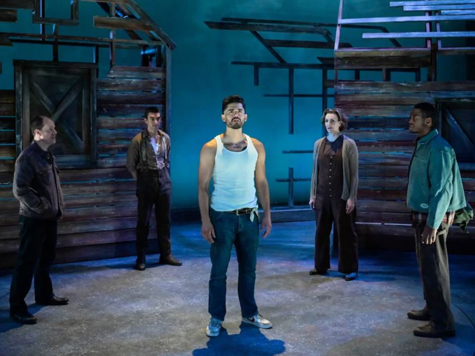 Production photo of Mother Road in California, with Emilio Garcia-Sanchez as Martín Jodes, Courtney Walsh as Ivy, Branden Davon Lindsay as James, Benny Wayne Sully as Curtis, Michael Moreland Milligan as Roger.