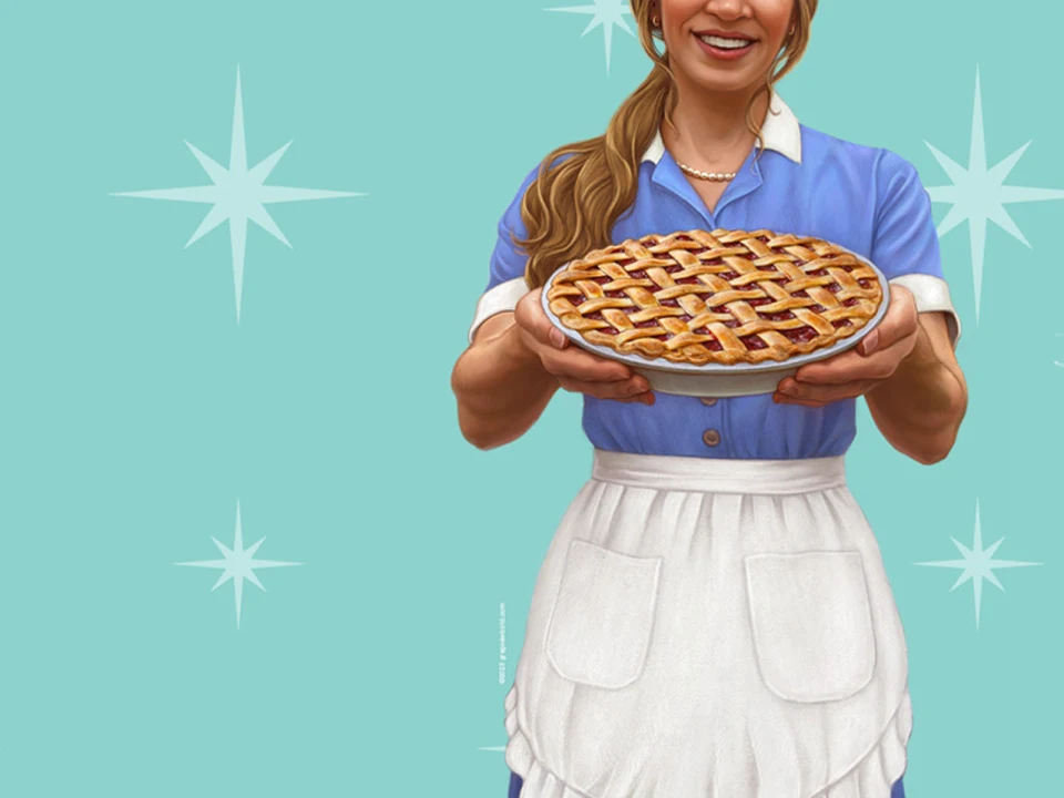 A person in a blue dress and white apron holds a lattice-top pie against a starry turquoise background.