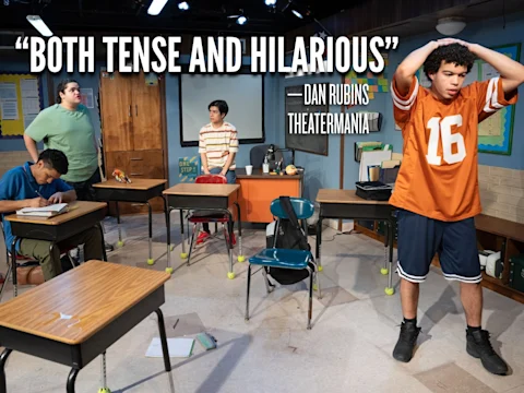 Four teenage boys in a classroom, one standing stressed with hands on head, others seated or standing, with quote text saying "Both tense and hilarious" in the background.
