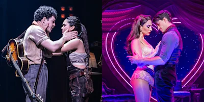 Split image of two couples on stage: on the left, a man with a guitar holds a woman's face; on the right, a couple in theatrical costumes stand closely amid a heart-shaped backdrop.