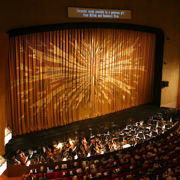 Dorothy Chandler Pavilion stage curtain and orchestra pit before a performance