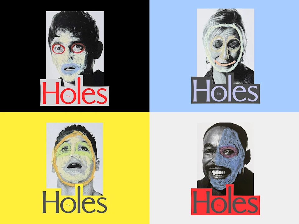 Four portraits with colorful, mask-like facial paint, each labeled “The Holes” in bold text against black, blue, yellow, and white backgrounds in a grid layout.