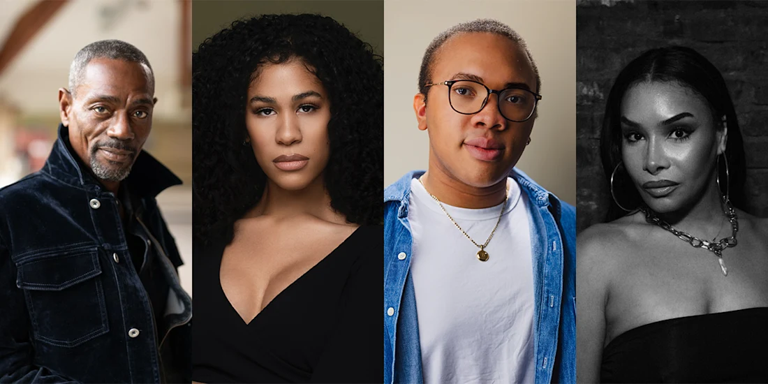 Four people are shown in individual portraits, each facing the camera with neutral expressions against varied backgrounds.