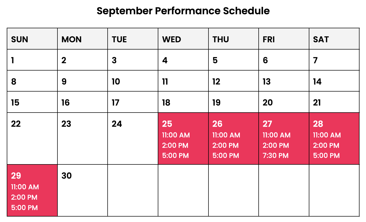 Performance Schedule Whitney September