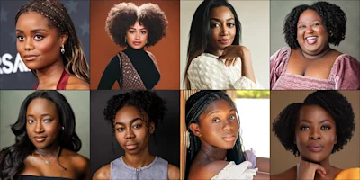 A grid of eight Black women, each posing individually and facing the camera, with varied hairstyles, outfits, and expressions.